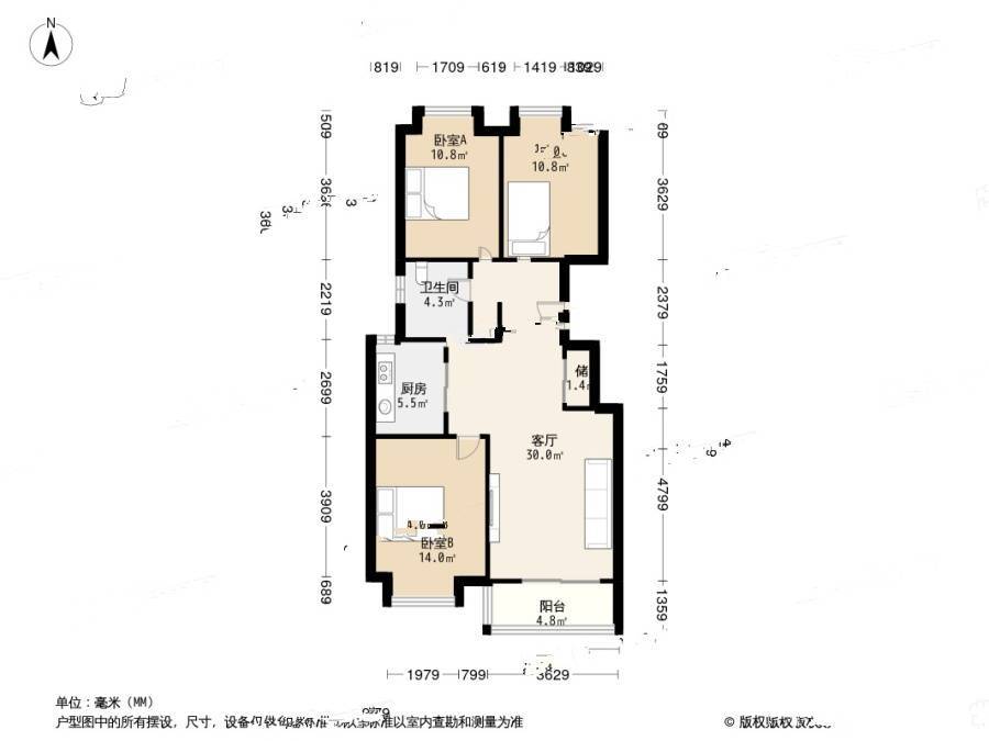 金基月亮湾3室1厅1卫107㎡户型图