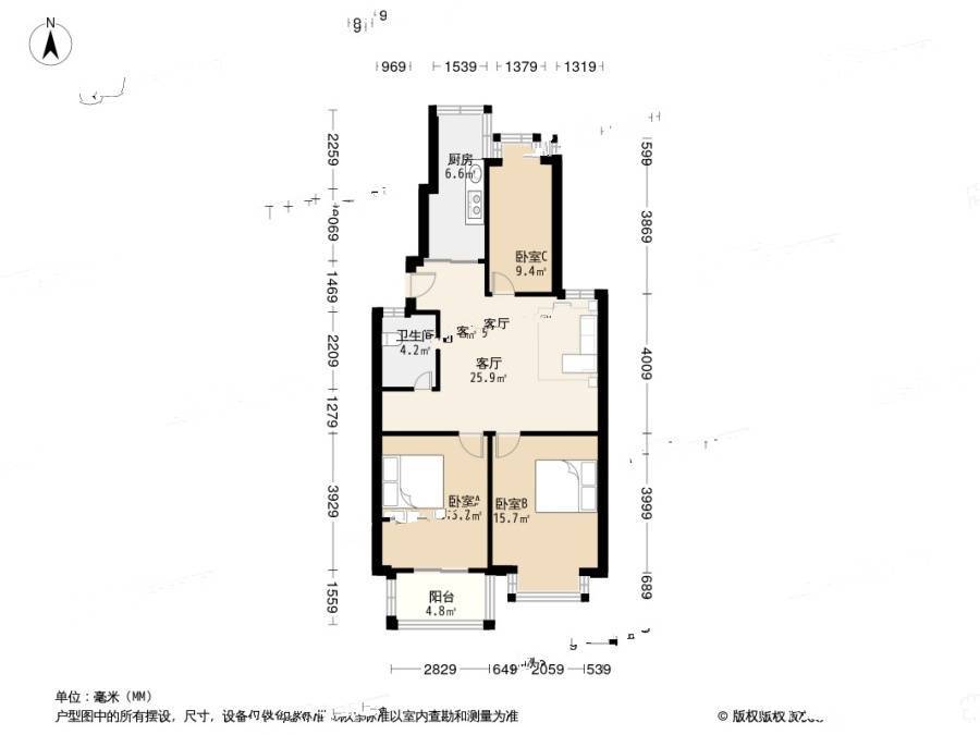 兴贤佳园3室1厅1卫86.6㎡户型图