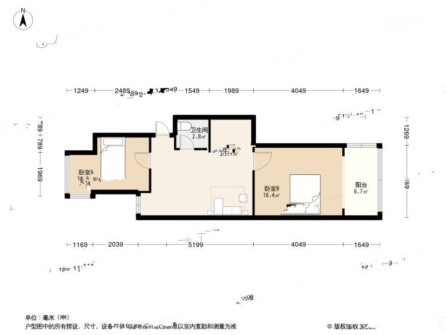 兴贤佳园2室1厅1卫55.8㎡户型图