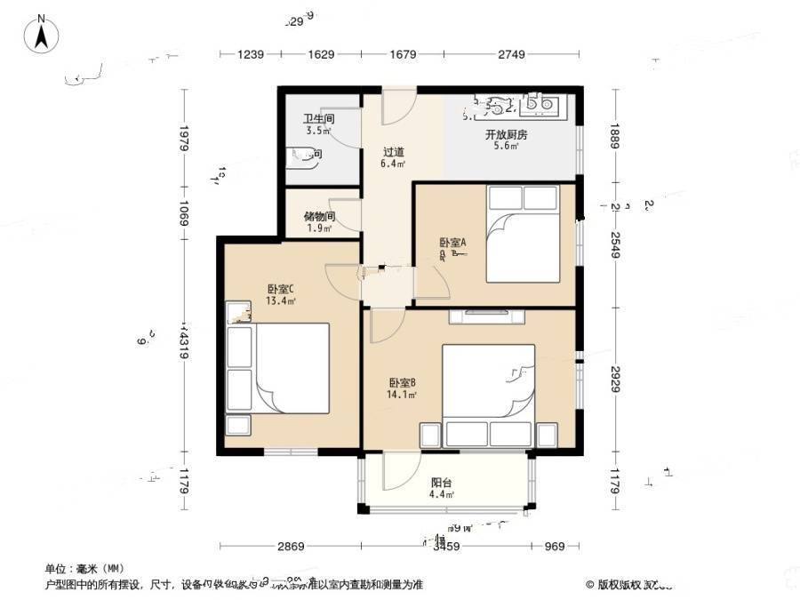 进香河33号3室0厅1卫69.6㎡户型图