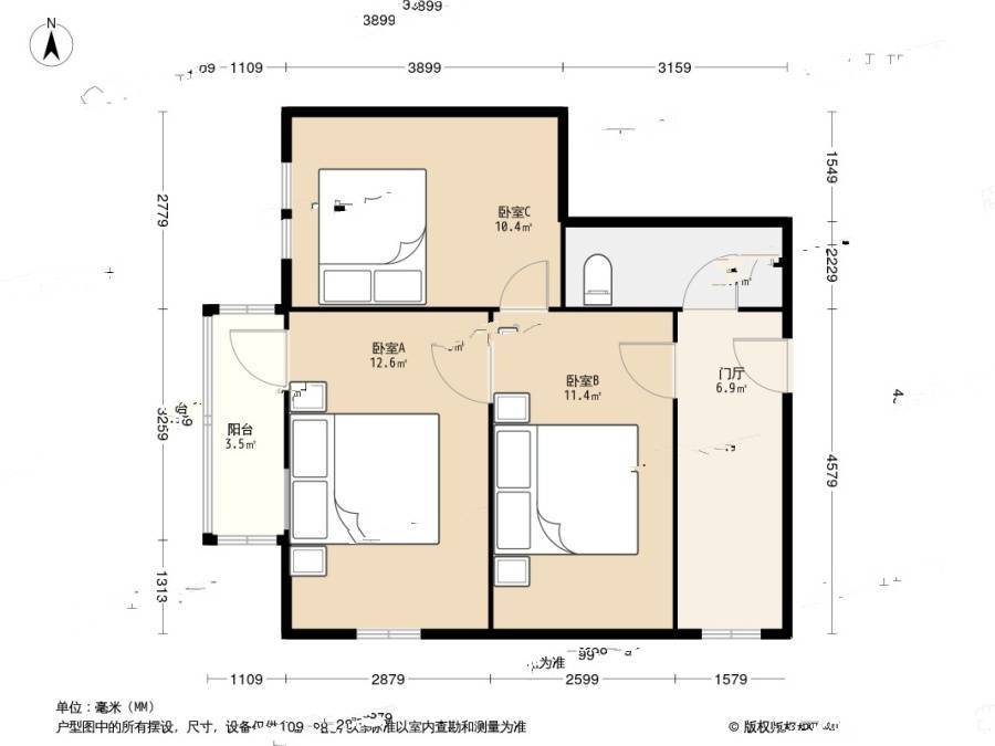 进香河33号3室0厅1卫69㎡户型图