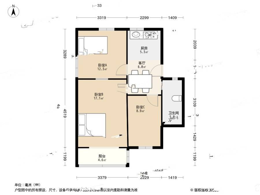 进香河33号3室1厅1卫69.5㎡户型图