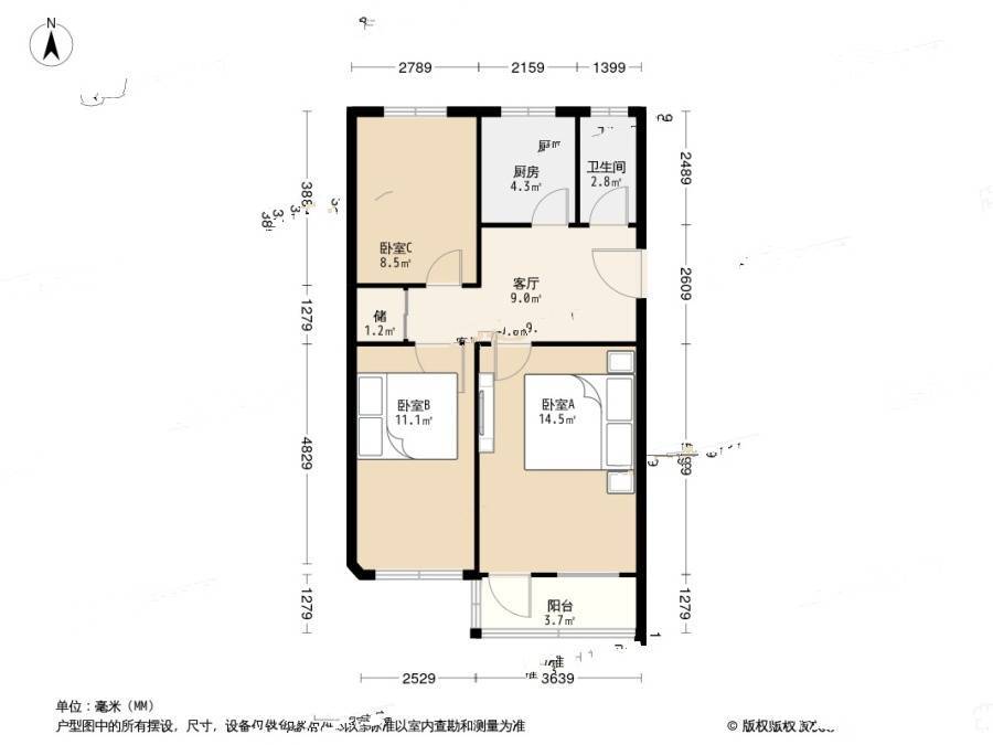 百子亭后3室1厅1卫65㎡户型图