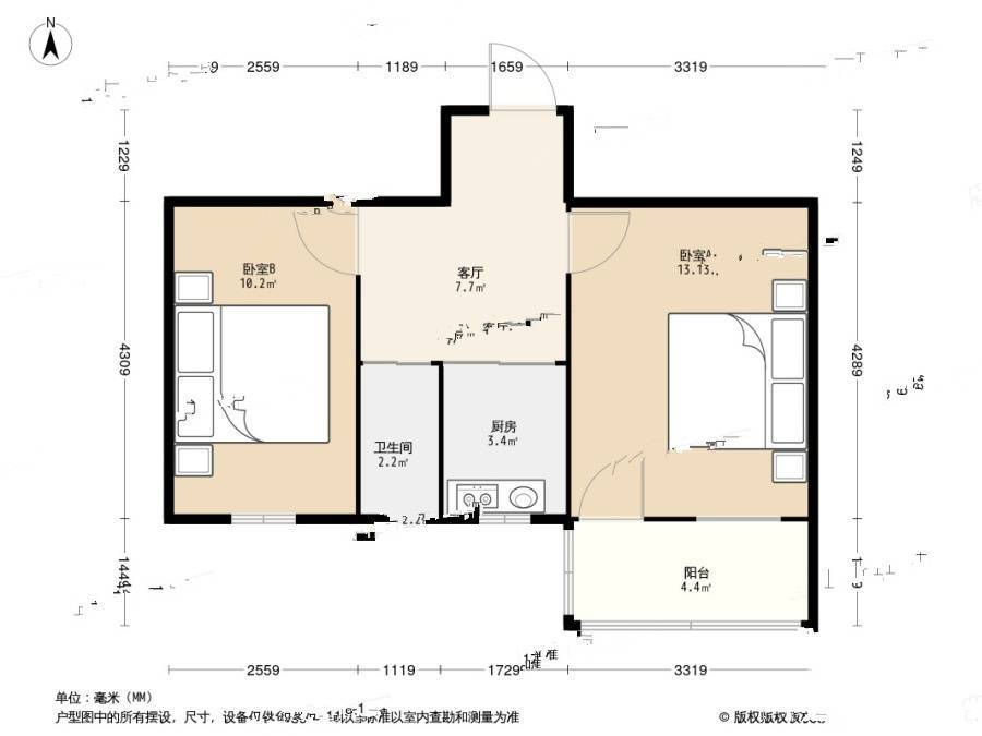 百子亭后2室1厅1卫53.6㎡户型图