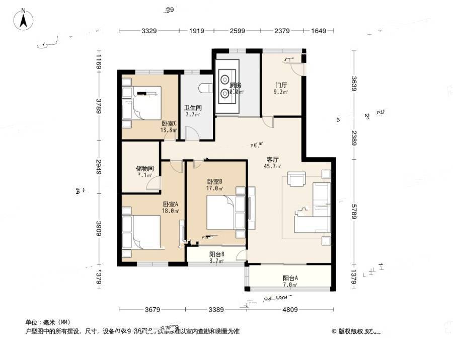 钟鼎山庄3室1厅1卫158㎡户型图