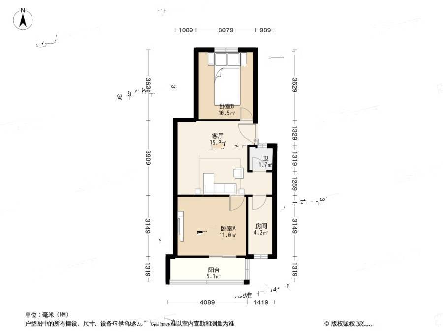 月苑一村2室1厅1卫65.2㎡户型图