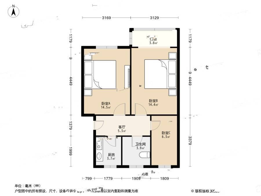 胜利村100号3室1厅1卫61.3㎡户型图