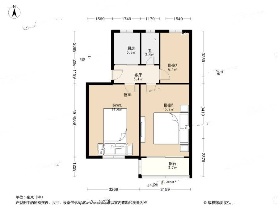 胜利村100号3室0厅1卫63.5㎡户型图