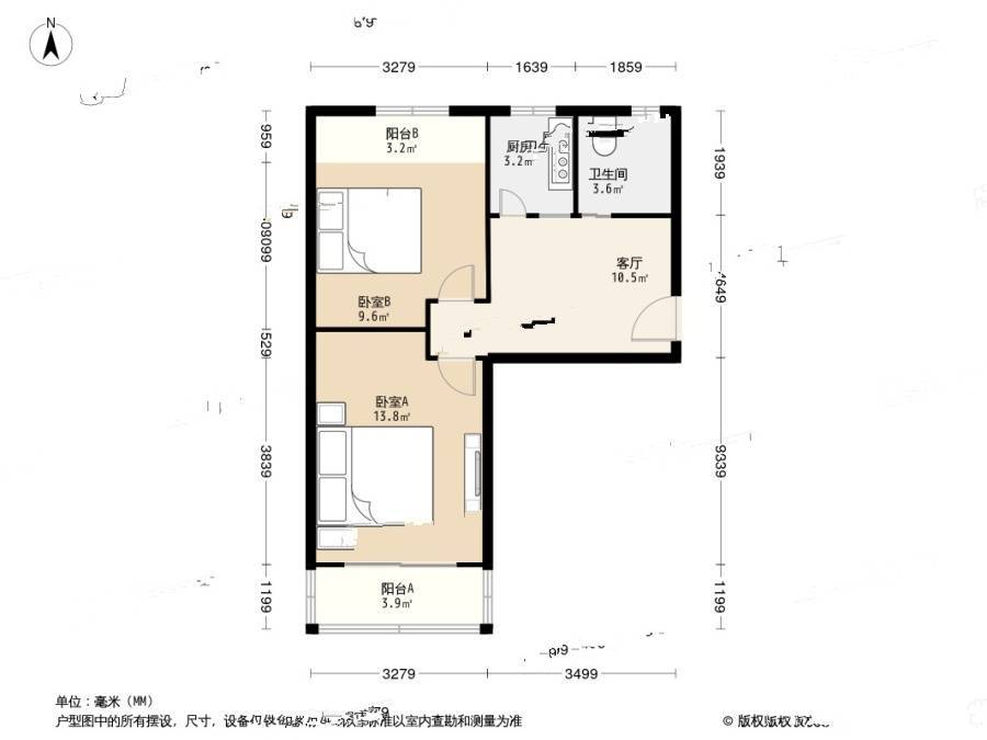 胜利村100号2室1厅1卫51.4㎡户型图