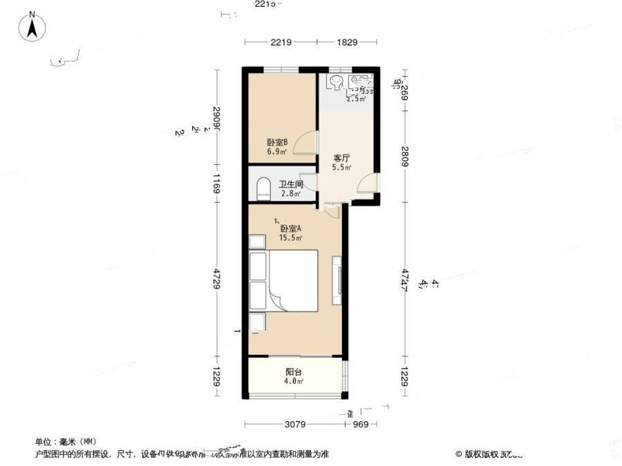 锁金村3号2室1厅1卫46.6㎡户型图