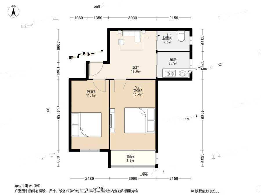 拓园2室1厅1卫60.1㎡户型图