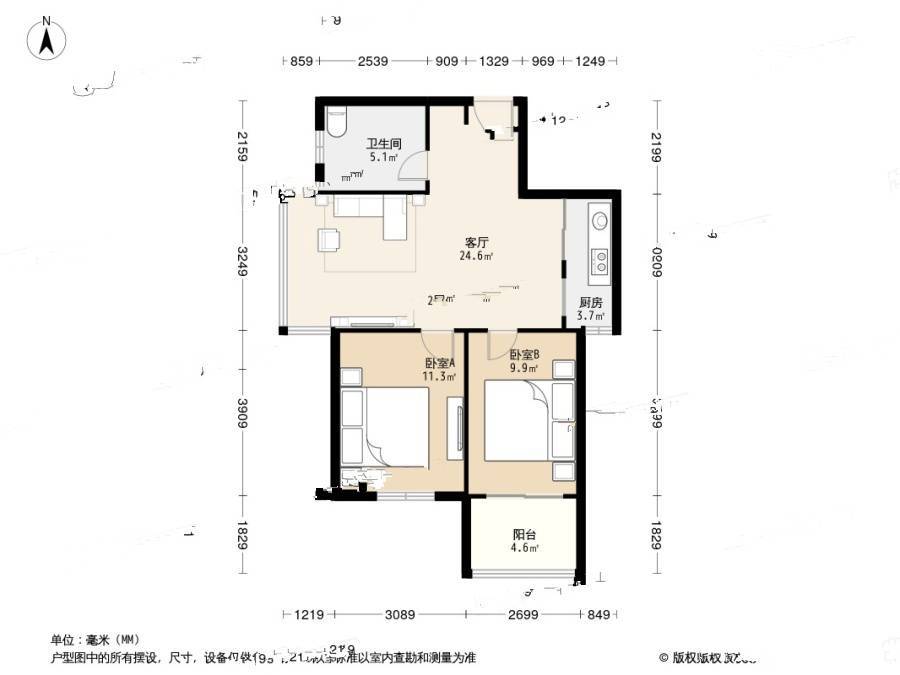 双和园2室1厅1卫73㎡户型图