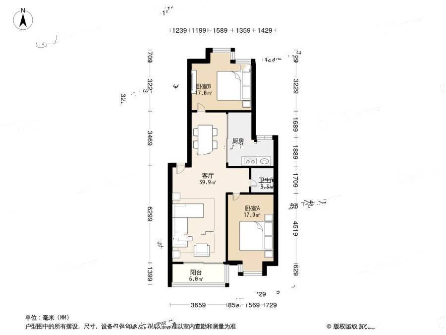 爱达花园紫藤园2室1厅1卫92㎡户型图