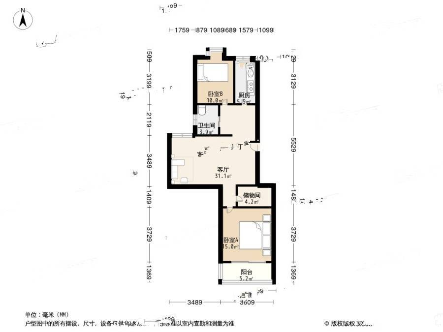 爱达花园紫藤园2室1厅1卫89.2㎡户型图