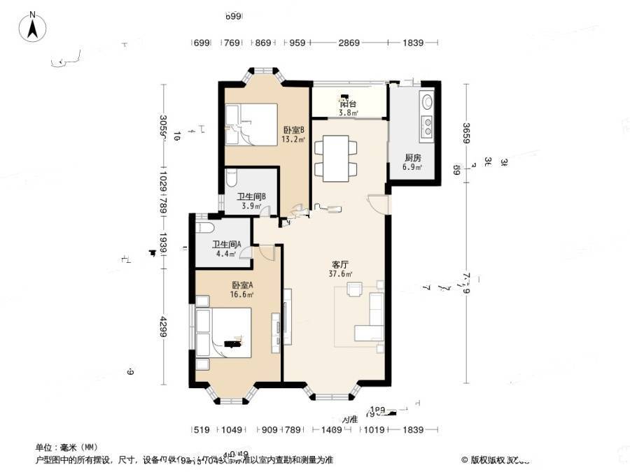 碧瑶花园一期2室1厅2卫111.5㎡户型图