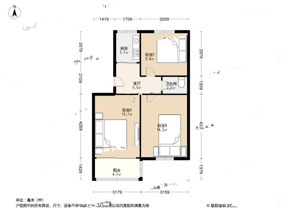 东井村3号3室1厅1卫68㎡户型图