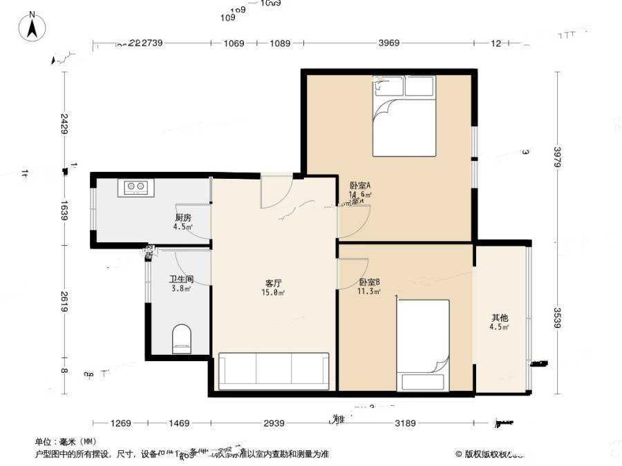 棉鞋营2室1厅1卫62.9㎡户型图