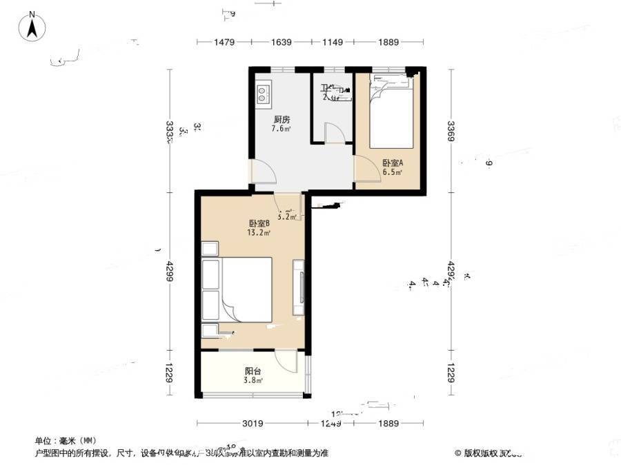 毛家苑2室1厅1卫43.3㎡户型图