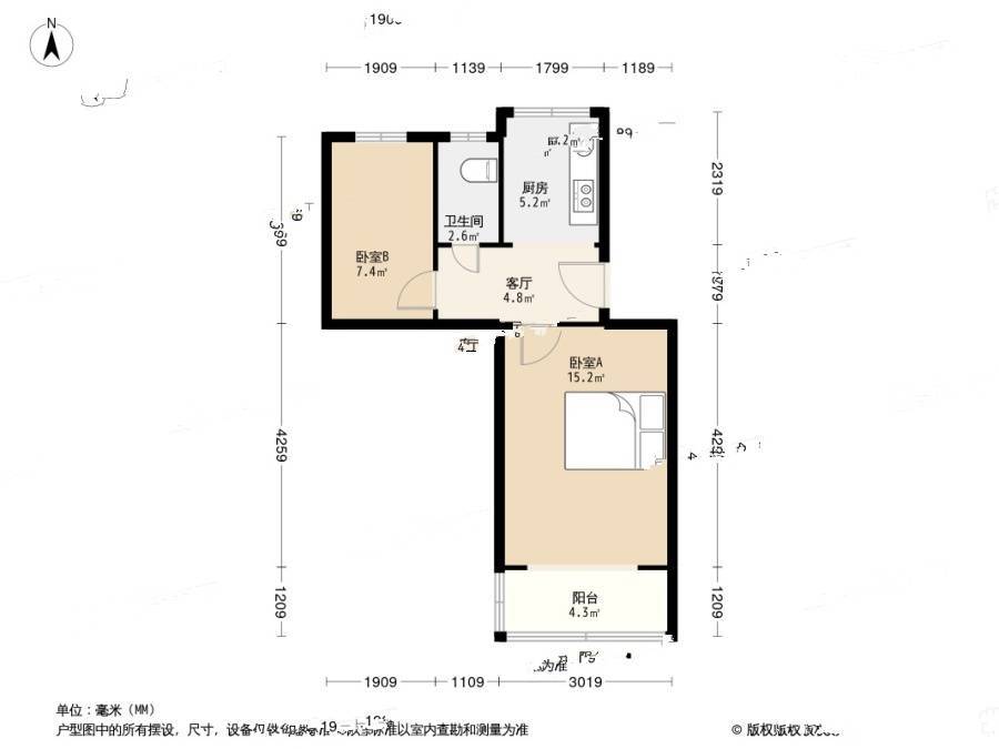 毛家苑2室1厅1卫43.3㎡户型图