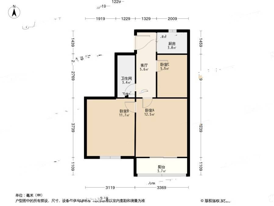 文德里小区3室1厅1卫67㎡户型图