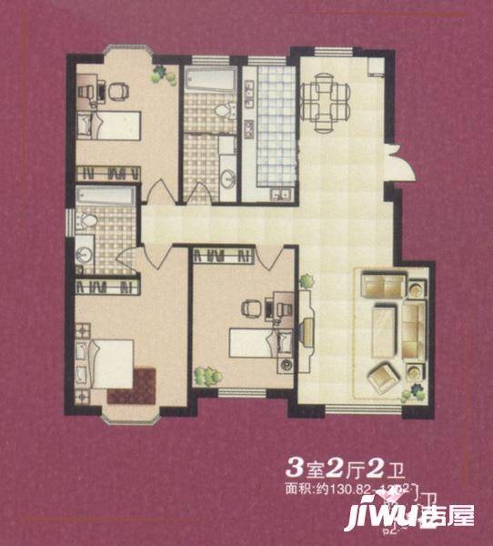 龙畔锦城3室2厅2卫130.8㎡户型图