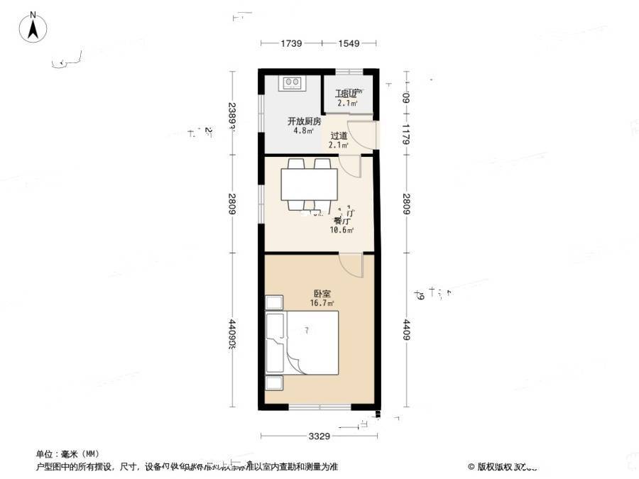 34中住宅区1室1厅1卫42.3㎡户型图