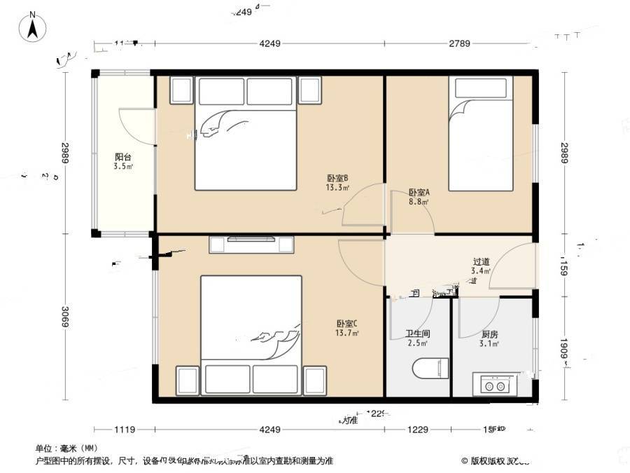 34中住宅区3室0厅1卫67.3㎡户型图