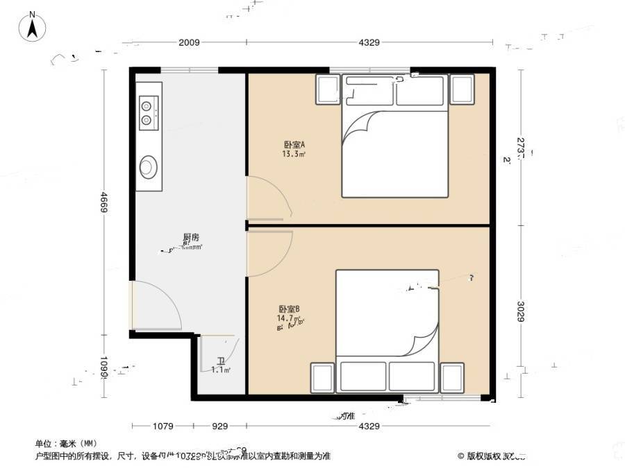 34中住宅区2室0厅1卫52㎡户型图