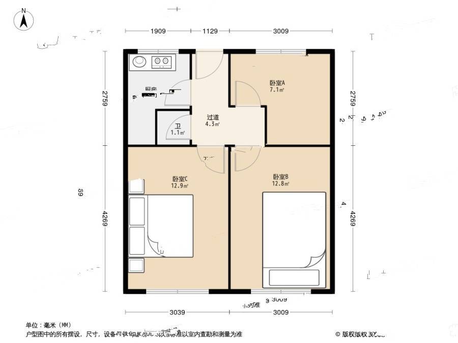 34中住宅区3室0厅1卫64.6㎡户型图