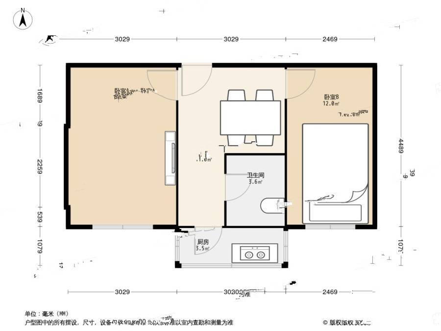 34中住宅区2室1厅1卫58.6㎡户型图