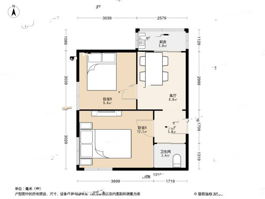 新起屯小区2室1厅1卫51.5㎡户型图