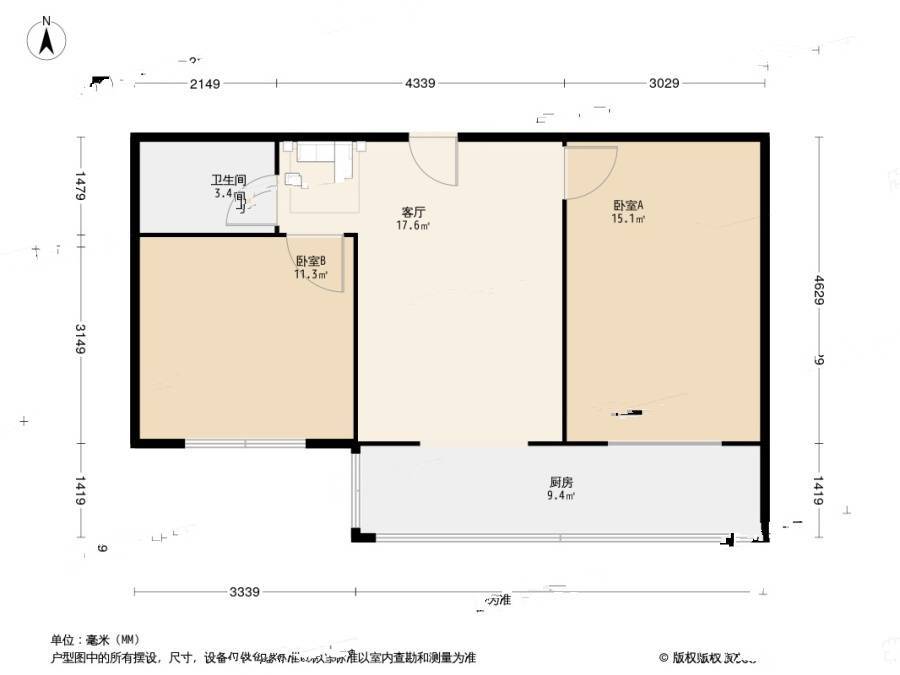 37中住宅区2室1厅1卫72.6㎡户型图