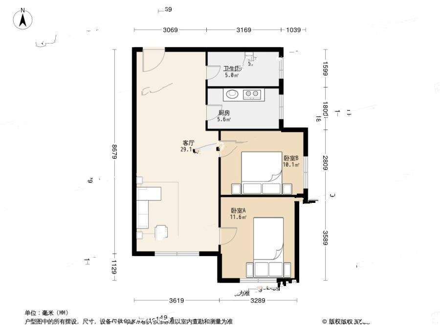 龙畔锦城2室1厅1卫93.1㎡户型图