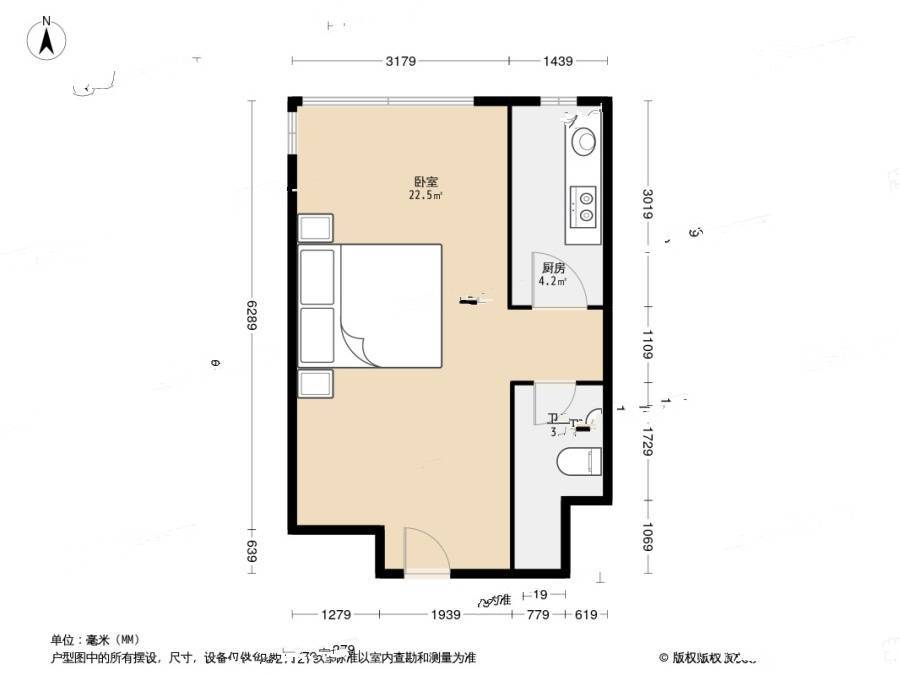 赛维利大厦1室0厅1卫44.4㎡户型图