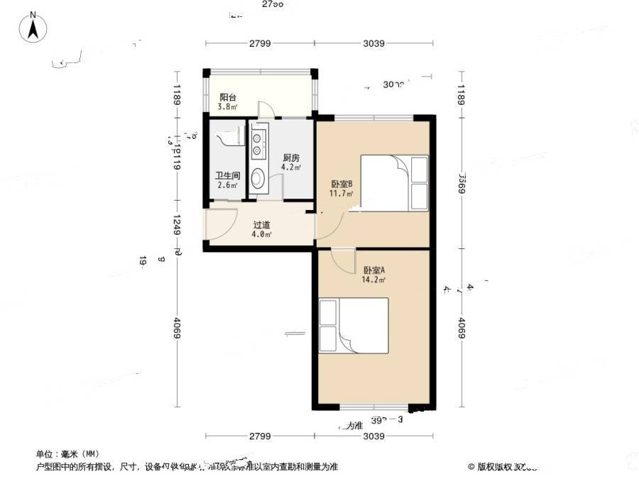 21中住宅区2室0厅1卫47.2㎡户型图