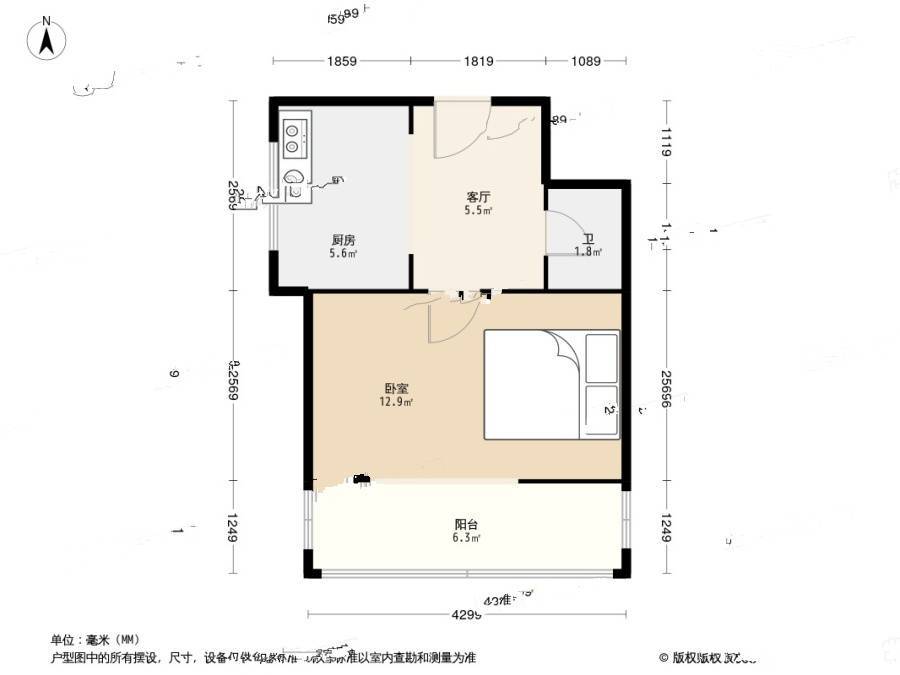 21中住宅区1室1厅1卫30.6㎡户型图