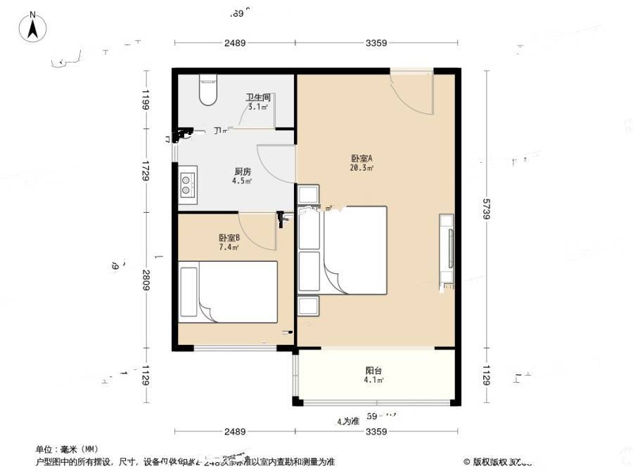 松江小区2室0厅1卫45.4㎡户型图