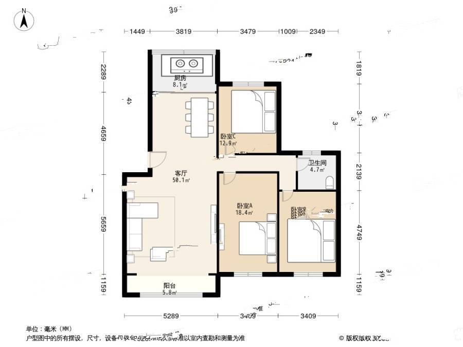 开发区山水家园3室1厅1卫154.3㎡户型图