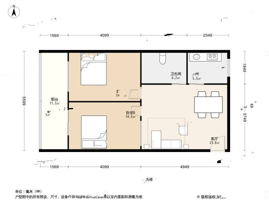 醒港春园2室1厅1卫77.4㎡户型图