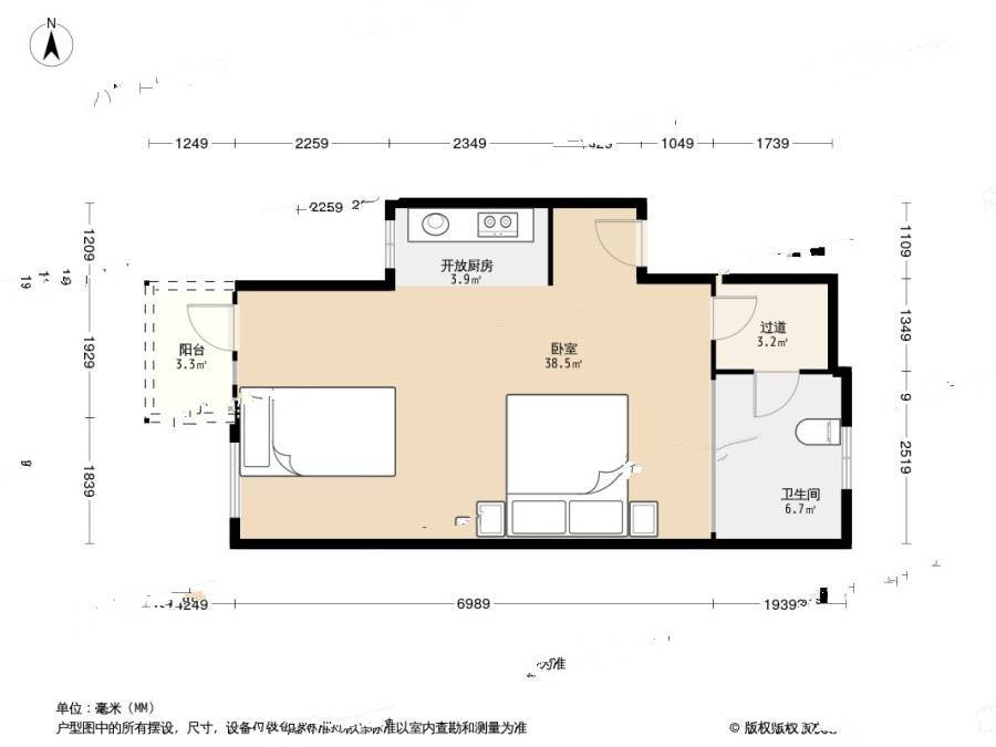 世茂御龙海湾1室0厅1卫49㎡户型图