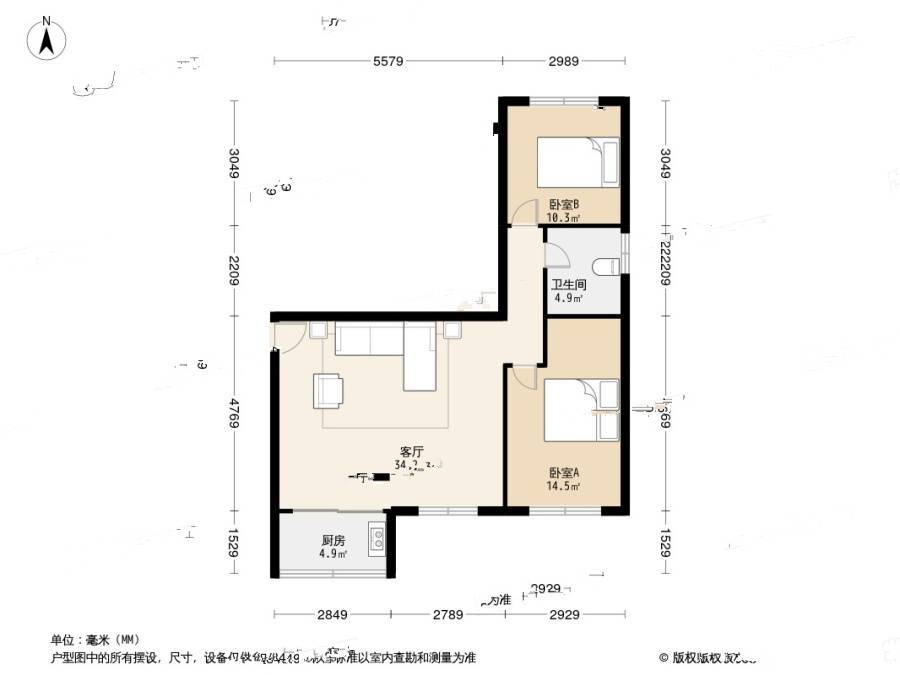 金山小区2室1厅1卫77.4㎡户型图