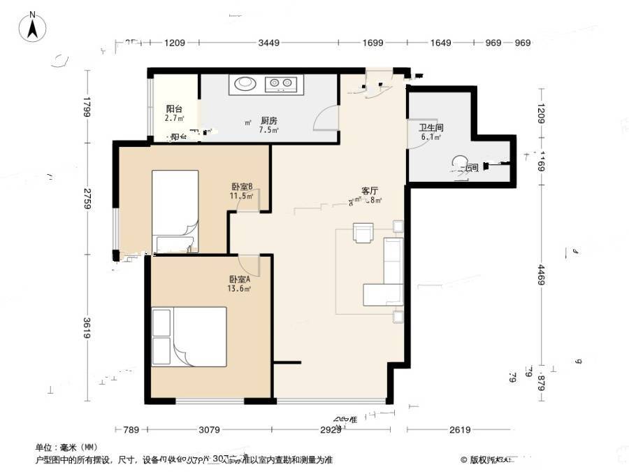 碧鸿海悦园2室1厅1卫114.1㎡户型图