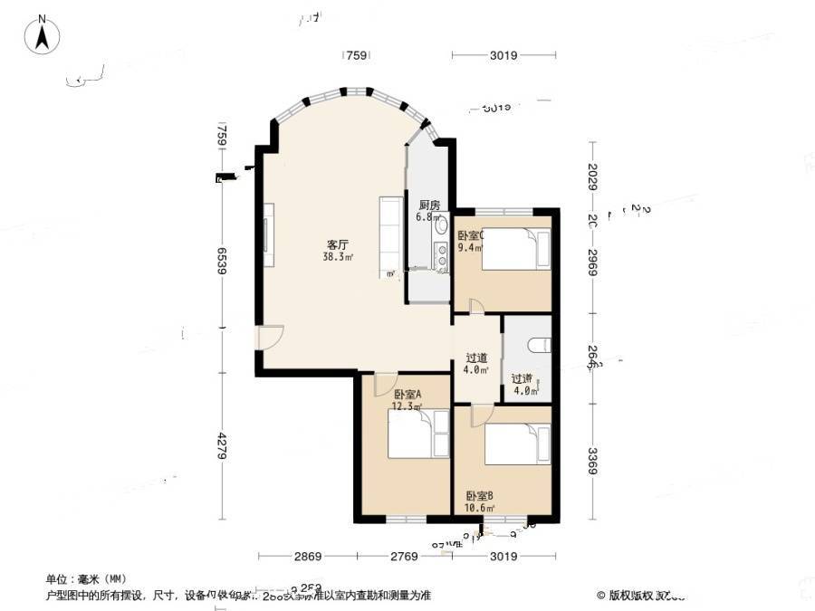 金山苑3室1厅1卫92.6㎡户型图