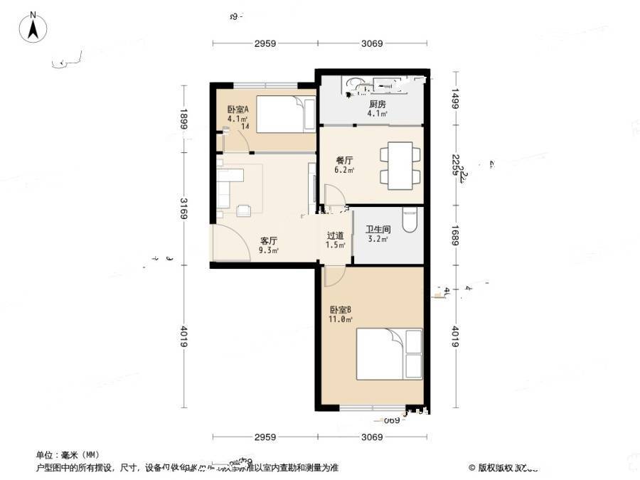 东山小区(金州)2室2厅1卫62.5㎡户型图