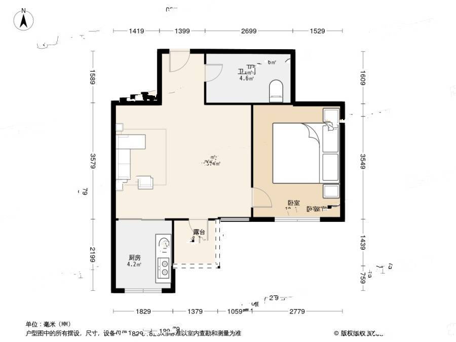 金华小区三期1室1厅1卫53.6㎡户型图