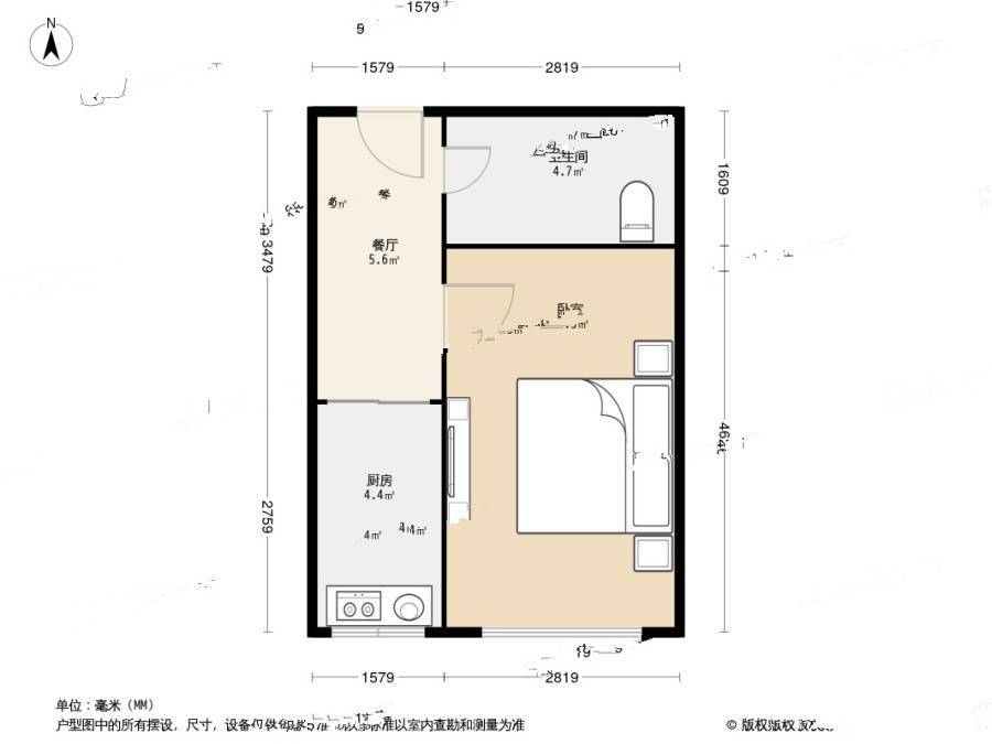 金州金色阳光家园1室1厅1卫37.4㎡户型图