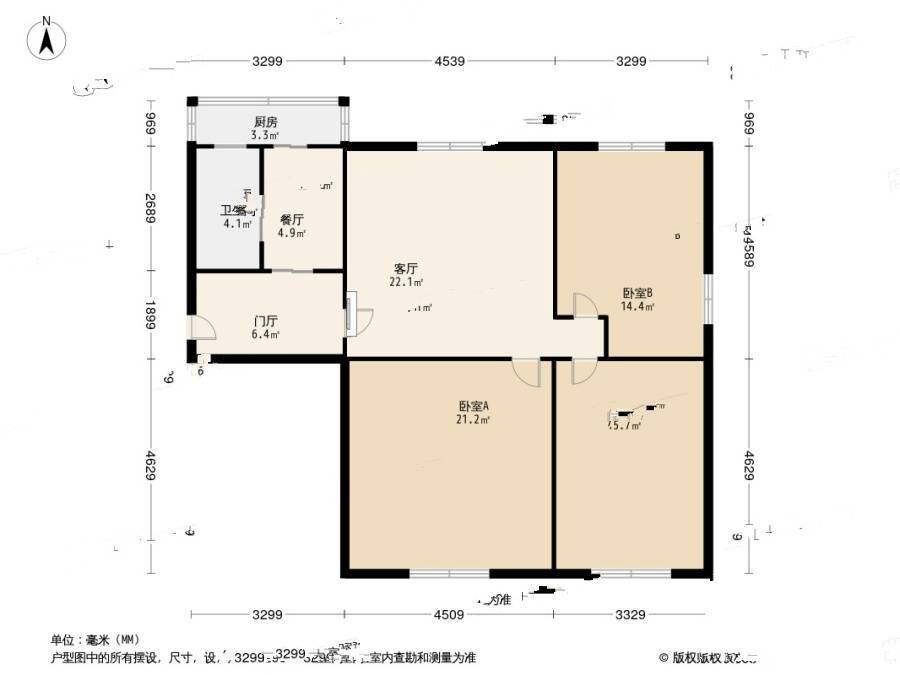 北京街3室2厅1卫104.9㎡户型图