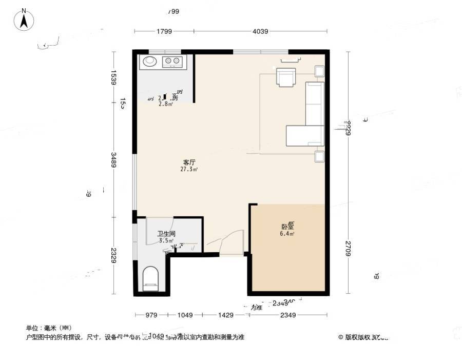 万达华府二期1室1厅1卫52.1㎡户型图