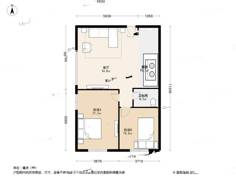 万达华府二期2室1厅1卫115.8㎡户型图