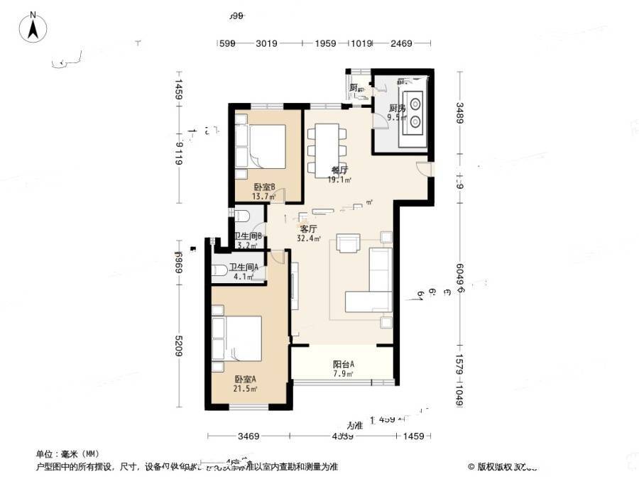 万达华府二期2室1厅2卫123㎡户型图